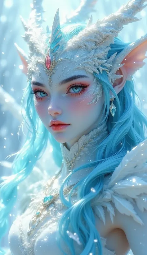 Dragon Mask, crystals,  white skin, The Snow Queen, red tears, red eye shadow, scales,  rose quartz , long blue hair, wings, icicles ,  snow , lilac eyes , raises its head up, close-up, white background, vortex, 3d.