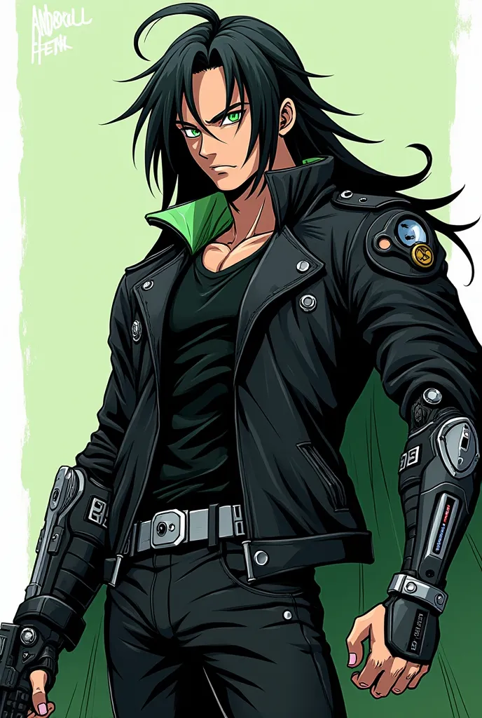 Make the anime art of a character inspired by Dragon Ball Super's Android 17 design with Genos from One Punch Man in a Genshin Impact setting he's an athletic man with long black hair and wears a black leather jacket, put cybernetic props on him on the gre...