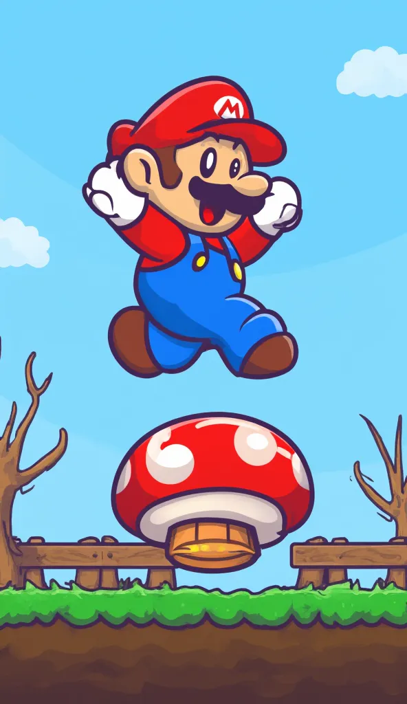 Super Mario character in the game, The image has flat shading, Jump on a red-shelled koopa, there is black soil and dry trees