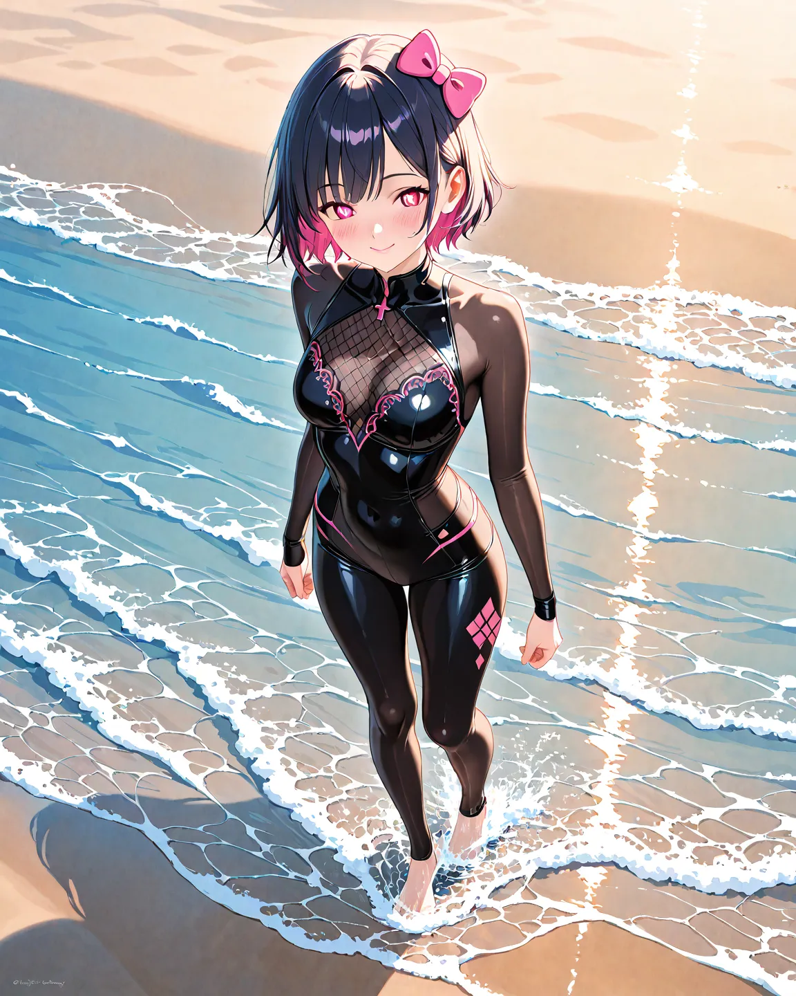 Digital illustration of a stylized anime-inspired character, resembling Hello Kitty. Young, female, and cute design. Character is standing in shallow water on a beach. Long, wavy black hair with a large pink bow accentuating her head. Large, expressive eye...