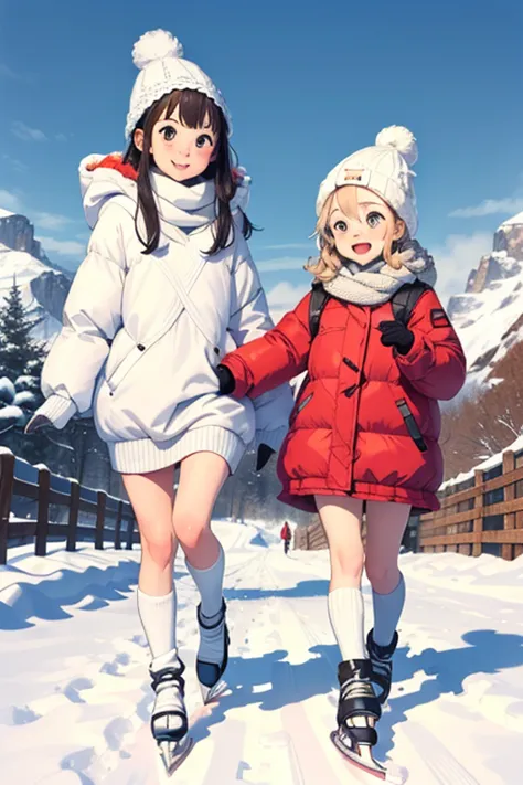 (   super flat   ,   flat shading ,    flat color),  1 young   girls， short，   Toddler Picture Temptation    ，, change,  S,   curved,    down jacket in the snowy mountains, (   White Knit Dress  ，below-knee socks  ),   without skirt  , Glass, winter hat,  ...