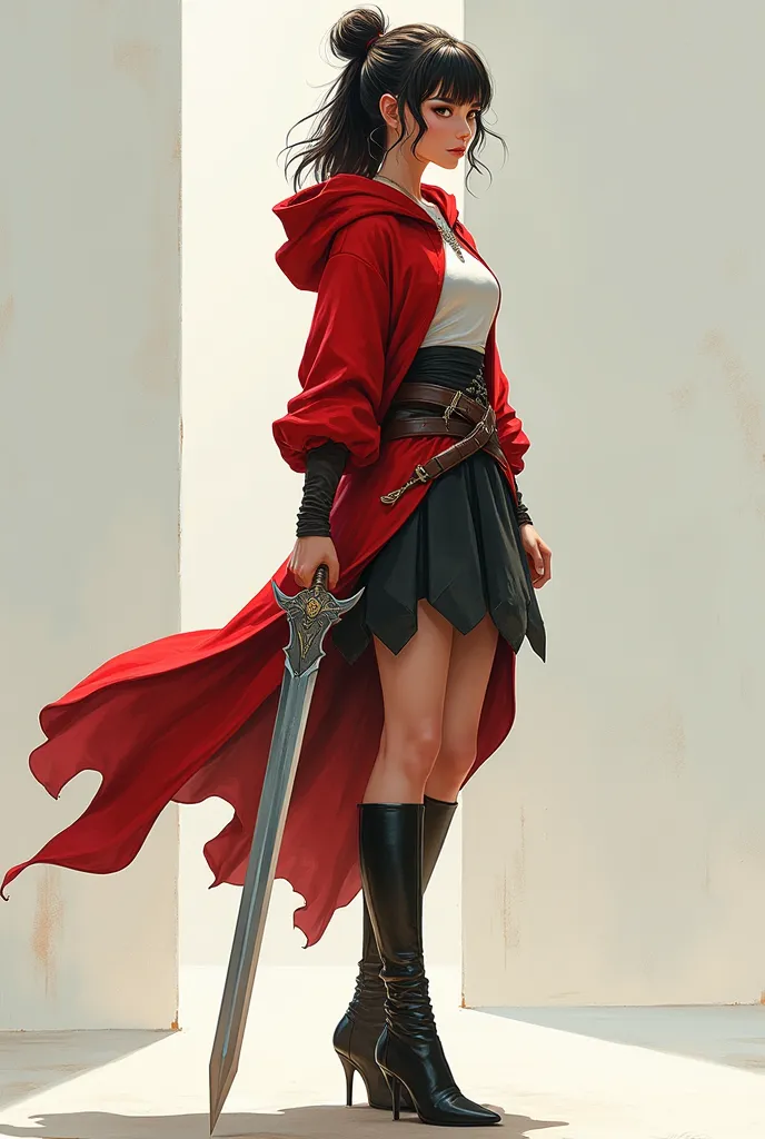 young fantasy woman standing, looking forward, hold sword, hight heels, skirt, red hoodie, view side, 2d, full body