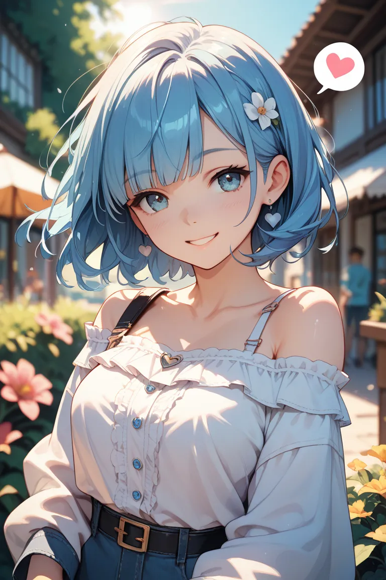 masterpiece,best quality,1girl,spoken heart,sun light,depth of field,smile,blue bob hair,off shoulder