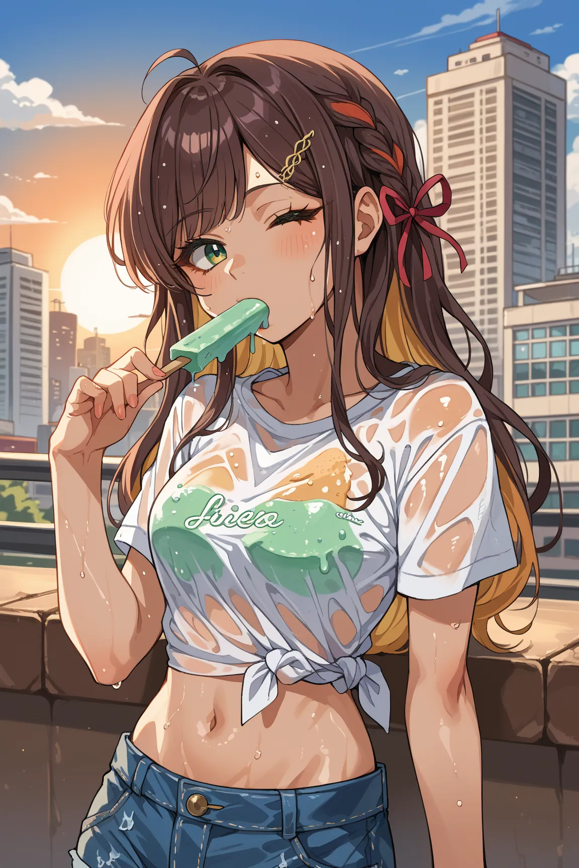 score_9, score_8_up, source_anime, 1girl, solo, MioriCelesta, long hair, multicolored hair, braid, hair ribbon, musical note hair ornament, white t-shirt, sweat, see-through, wet shirt, denim shorts, one eye closed, looking at viewer, popsicle, ice cream, ...