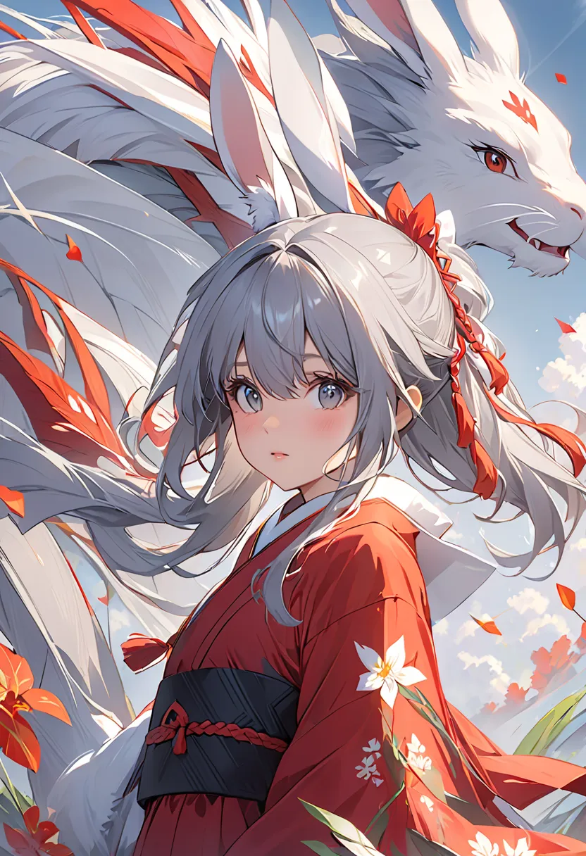  girl with gray hair,  ,Rabbit, Half-dragon