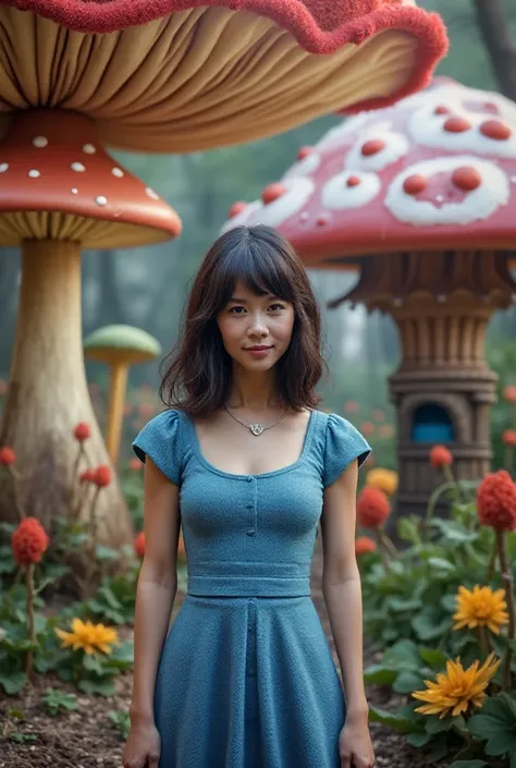 Alice from the movie Alice in Wonderland, 50-year-old adult, dark brown, shoulder-length hair, modern blue dress, show the same background from the movie Alice in Wonderland and full body image