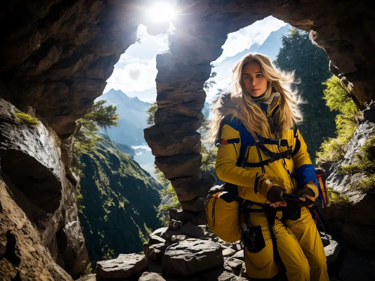  Beautiful white woman, blond hair, mountaineering equipment, on an expedition, in a mysterious cave,