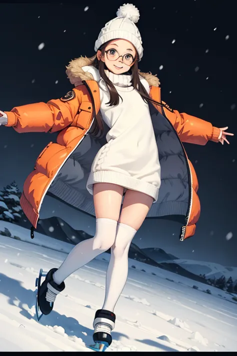 (   super flat   ,   flat shading ,    flat color), fisheye lens， 1 young   girls，Low body， body type，change,  S,   curved,    down jacket in the snowy mountains, (   White Knit Dress  ，below-knee socks  ),   without skirt  , Glasses，winter hat,   Ice Skat...