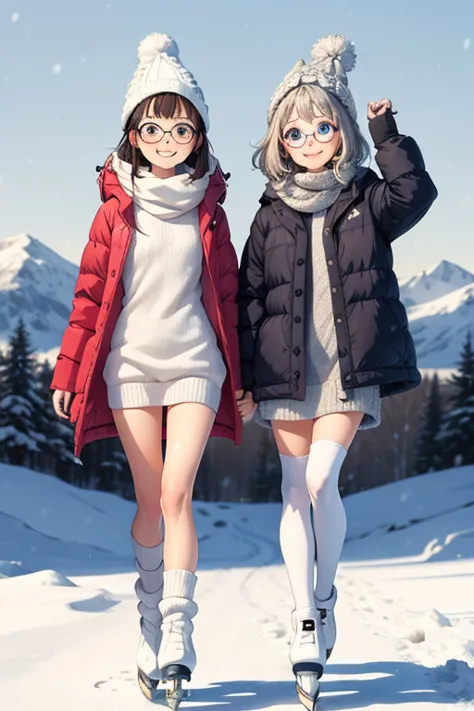 (   super flat   ,   flat shading ,    flat color), fisheye lens， 1 young   girls，Low body， body type，change,  S,   curved,    down jacket in the snowy mountains, (   White Knit Dress  ，below-knee socks  ),   without skirt  , Glasses，winter hat,   Ice Skat...