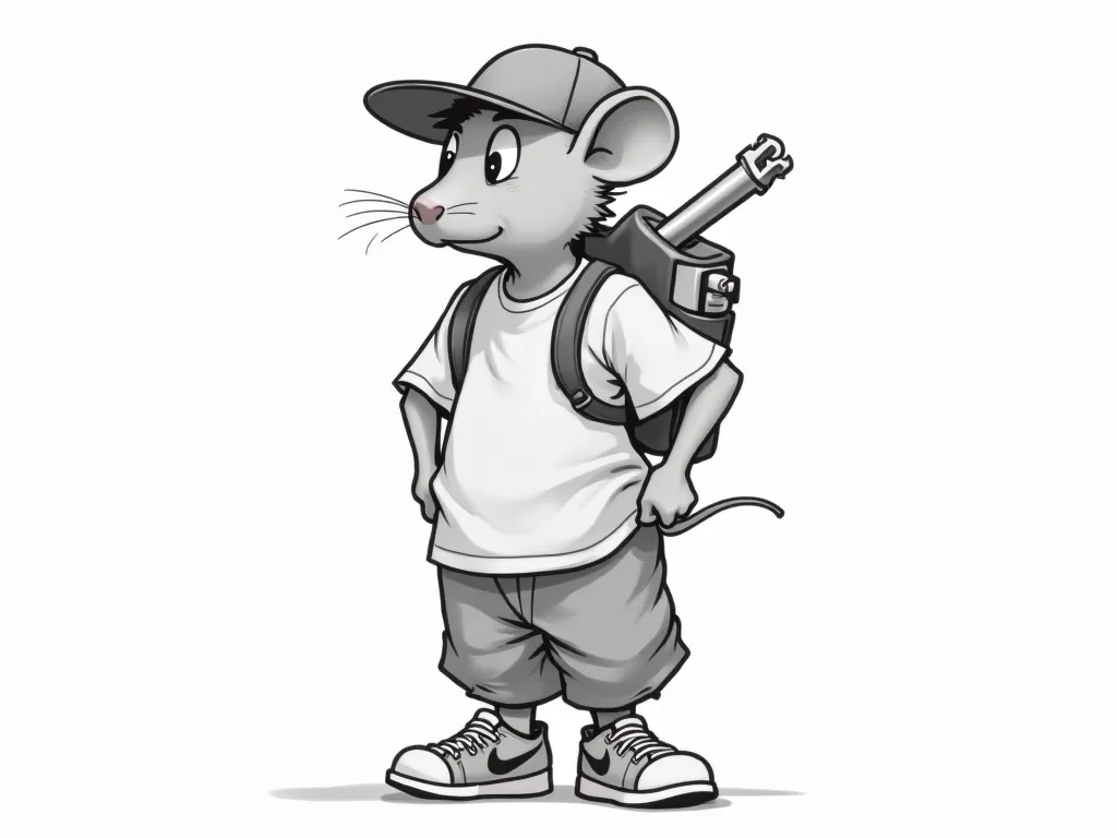 I want you to just sketch a character, This one must be done in 2D, a mouse wearing a straight-brimmed cap carries a lighter on his back along with a very large key, He wears an oversized shirt and baggy pants that sit on top of the sneakers with a Nike sb...