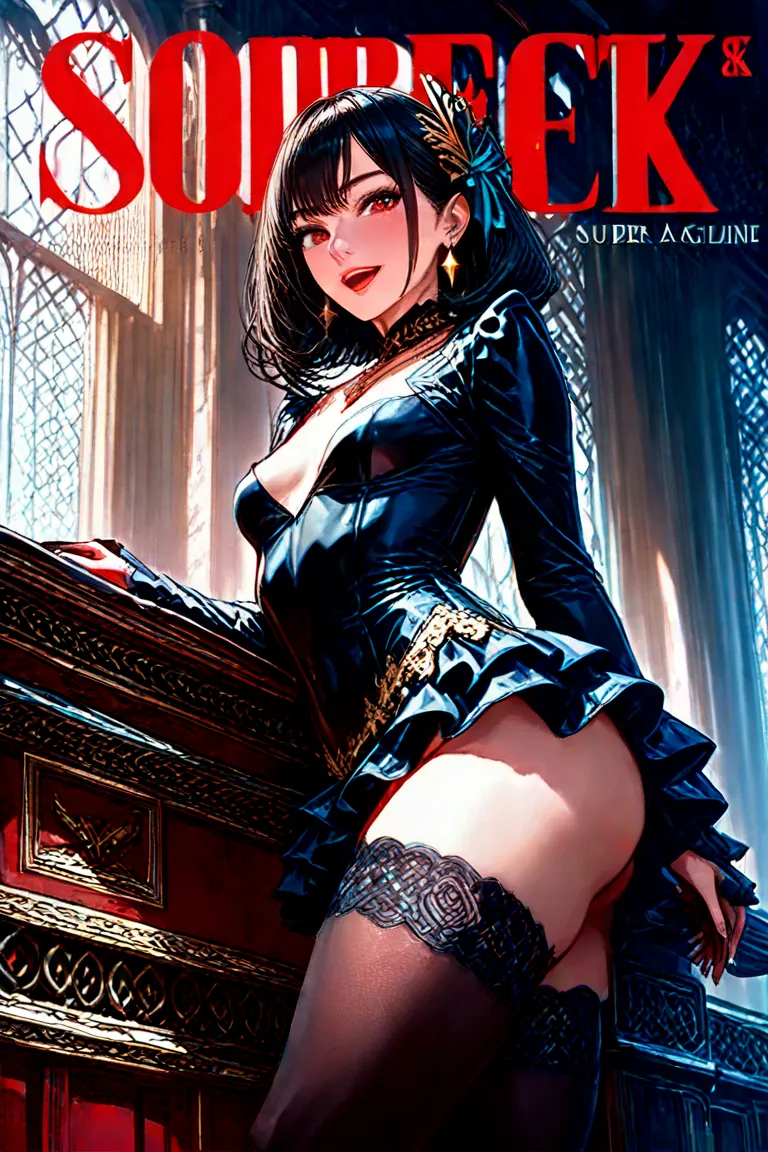 (small breasts:1.3), (perky chest:1.3), (pointed chest:1.2), (lolita fashion magazine cover:1.3),(from side:0.9),masterpiece, 1girl, Amazing Cleavage:1.2, thin waist, big ass, Raised sexy, small breast: 1.3, posed cleavage:1.2、(from below:1.2, best quality...