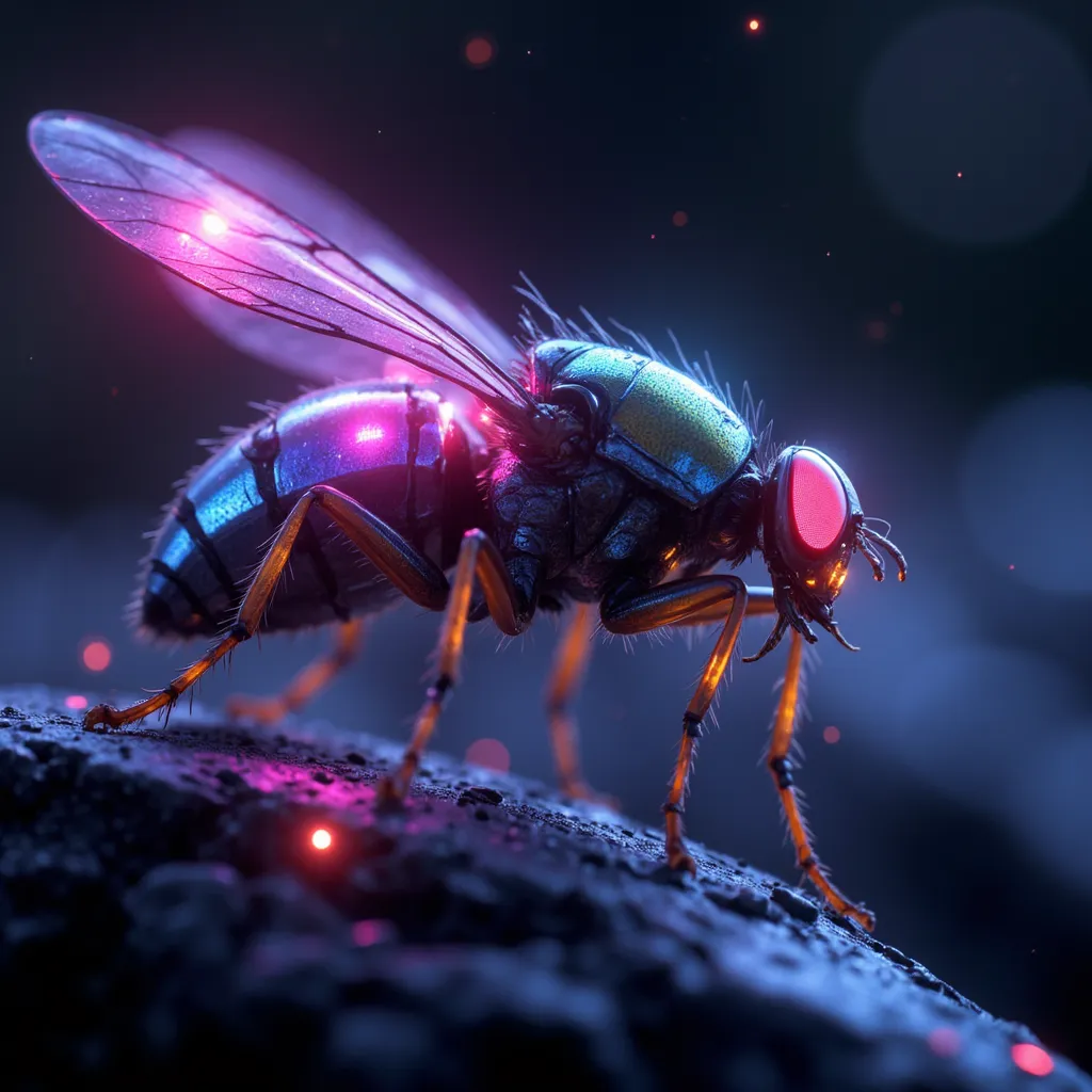 A hyper-realistic, cinematic close-up of a cosmic firefly, rendered with vibrant, almost neon colors. The fireflys wings should appear glossy and reflective, like polished gemstones. Use dramatic lighting and a shallow depth of field to create a surreal an...