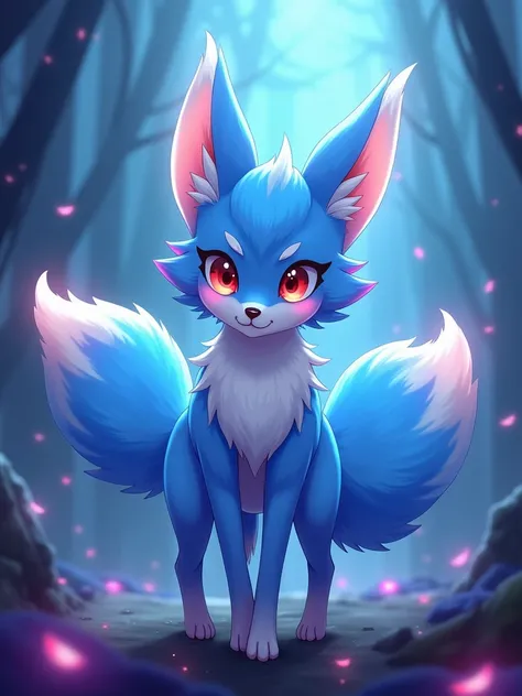 Create a highly detailed and semi-realistic cartoon-style illustration of the Kitsune from Blox Fruits. The Kitsune should look exactly as it appears in the game, with its signature three tails and blue fur. The design should be a mix of fantasy and anime ...