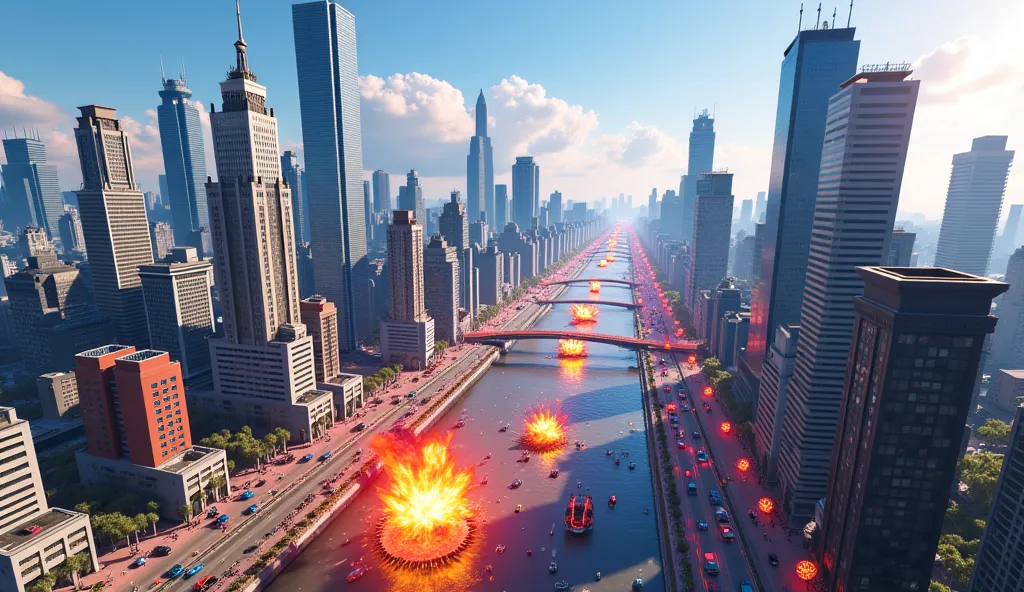 "Create an exciting and vibrant thumbnail for a GTA 6 trailer, featuring a bird’s-eye drone view of a bustling GTA 6 city during the daytime. The city should be full of life, with skyscrapers, busy streets, and colorful, chaotic elements like traffic, pede...