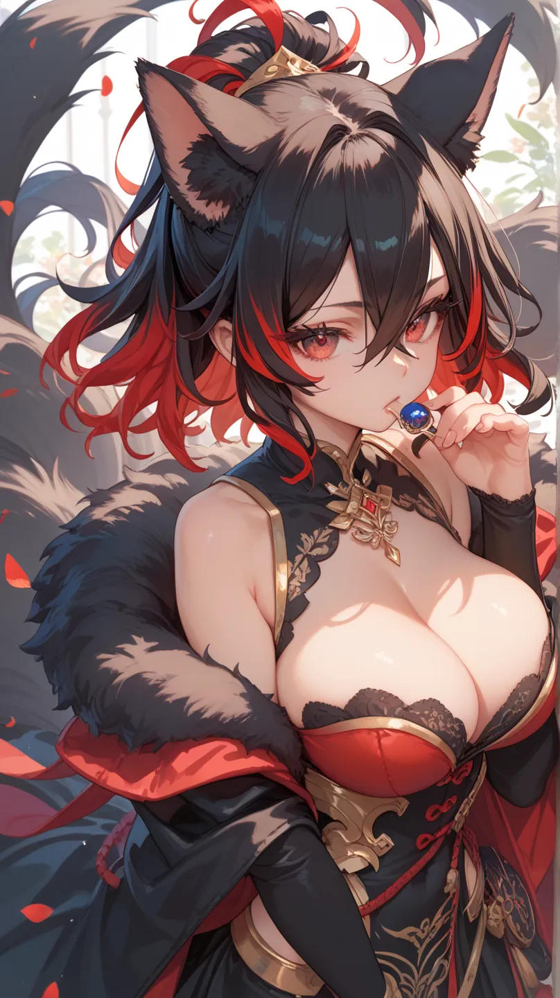 1 girl,  eyelashes,random expression:0.6, zitoida,multicolor hair,big breasts,  black hair, hair between their eyes, Red Eyes,masterpiece, top quality,fur,Kemomimi,Animal Ears,Big tail,Alluring