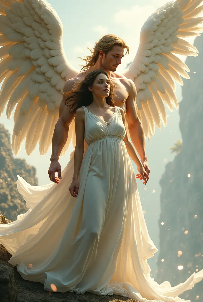 An angel man protecting a white woman 