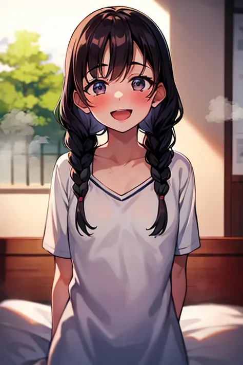 ((top quality)), ((masterpiece)), (be familiar with), perfect faces, indoors, bedroom, watching viewers,
One woman, Kanroji Mitsuri,
open mouth, steam clouds drift, blush, smile,
 small tits, flat chest, Young girl,  lori,  ,  girl,
long hair, braids,
 ope...