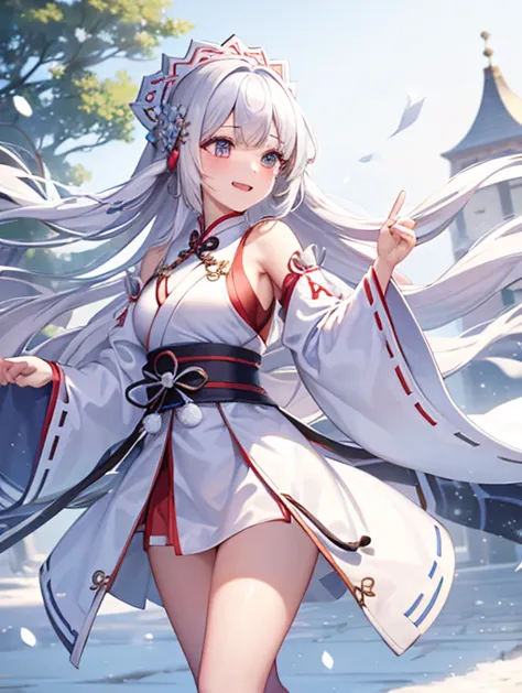 best quality, 4K picture quality, one girl, Hanfu is white , snow, Long silver hair fluttering in the wind, Healing smile, big hole,  blurry background 