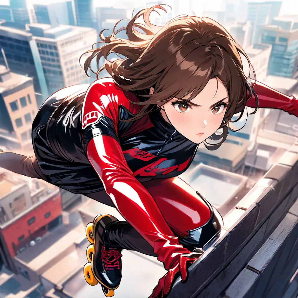 Girl brown hair, 19 year old, rollerskating, wearing black and red latex suit, protectors on elbow and knees in black, on roof top, in city, motion pose,