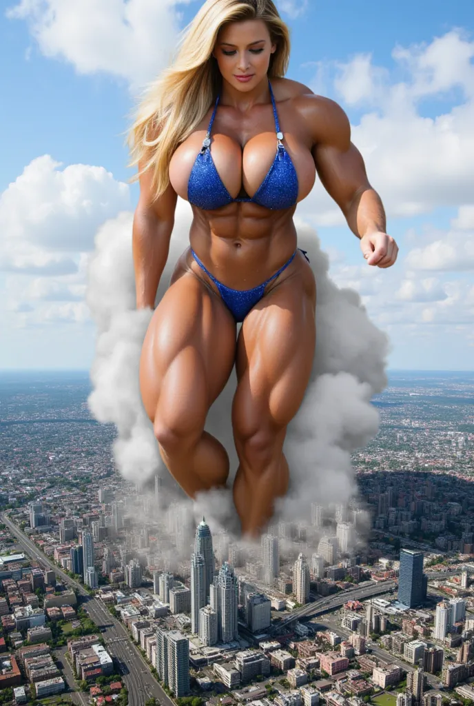 one hundred thousand colossal  IFBB bodybuilder girl towering over city centre, her height dwarfing the vast landscape. She has long flowing hair and a confident, yet calm expression. She is wearing a blue glitters bodybuilder bikini , with her feet steppi...