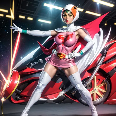 ANI_CLASSIC_jun_gatchaman_ownwaifu,1girl, ,good anatomy, masterpiece, best quality,realistic, hyperrealistic, 16k hdr,breasts,green eyes,lips,large breasts,lipstick,makeup,gloves,cape,helmet,belt,elbow gloves,white gloves,mask,ultra miniskirt,leotard,space...