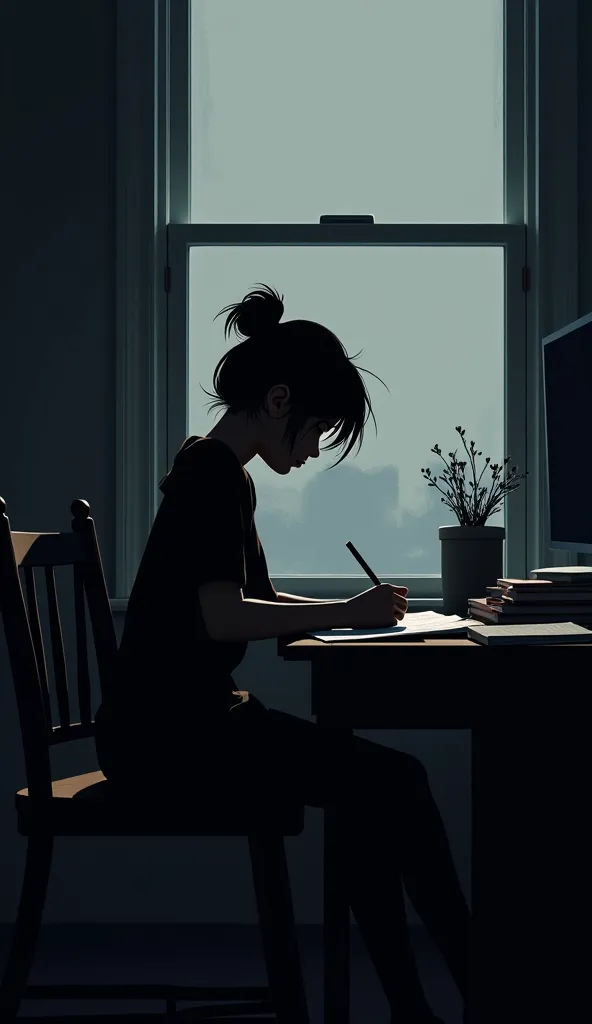 A black silhouette of a  girl writing on her desk in her apartment. 