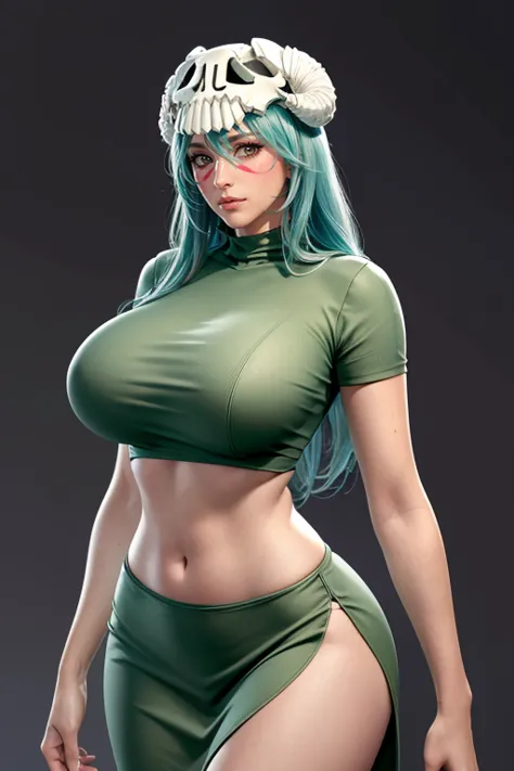 （（（perfect figure，figure，odelschwanck，green clothes，（（（in, long hair, facial mark, large breasts, hair between eyes,  skull,skirt，））），S-shaped figure:1.7））），((masterpiece)),high resolution, ((Best quality at best))，masterpiece，quality，Best quality，（（（ Exqu...