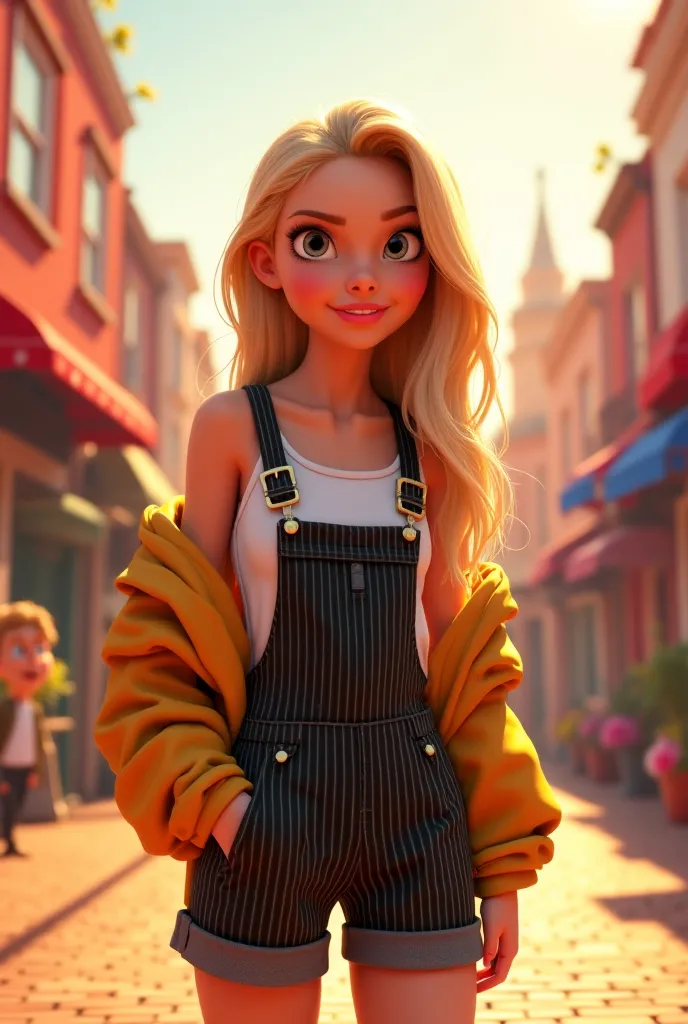 I want a Disney animation, I want a blonde with straight and long hair wearing a striped black and white overalls with an oversized jacket that falls down half her arm 