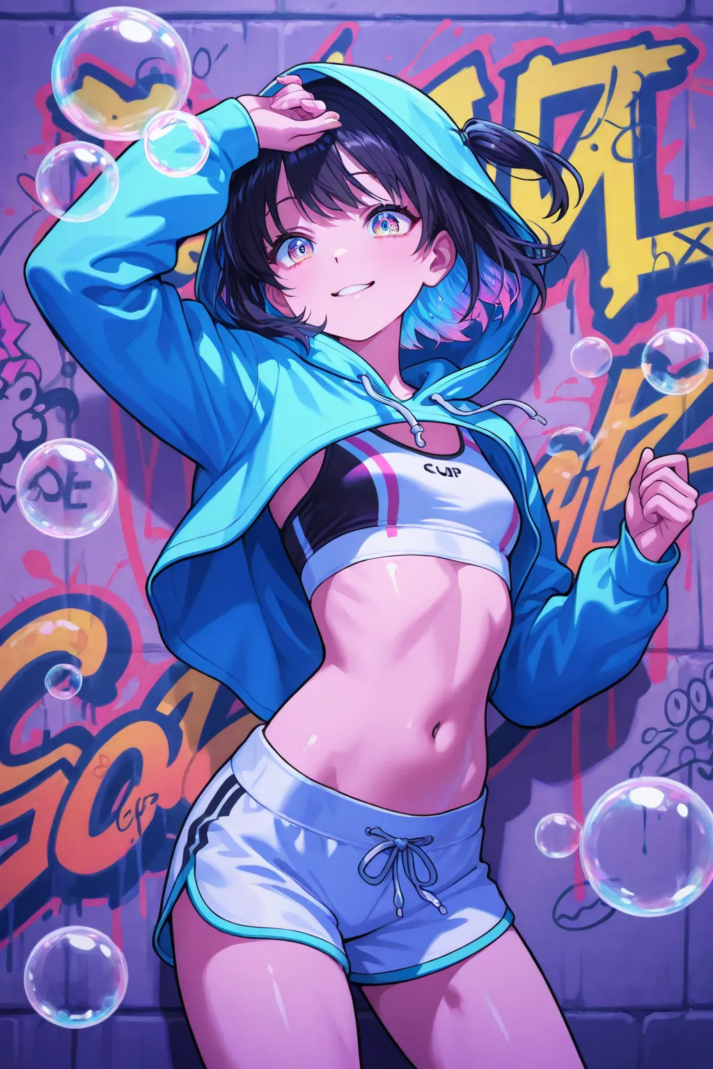 girl with Bubbles, Graffiti, Vector Illustration Style, Crazy details, Ultra HD picture quality, Crazy details, bright colors, Appearance of an elementary school girl, dynamic pose, Wearing a flashy hoodie and cute shorts, Visible vibrant sports bra, Ecup