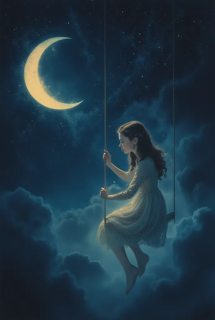 in the style of Stephen Gammell, minimal natural colors, (animation. Girl on a swing tied to a crescent moon, night, romance, fairy tale background) (minimalism: 1) fairy tale background), original details. Stephen Gammell style.
