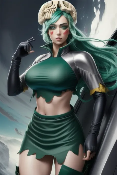 (masterpiece, best quality),  intricate details,
 odelschwanck, green hair, skull, torn clothes, underboob, skirt, 
 zero suit, blue gloves, high heels,