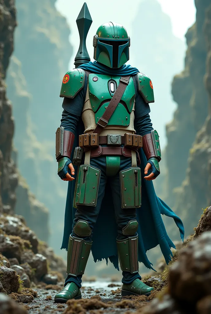 Mandalorian with armor in shades of green and cyan with hunting trophies around the waist