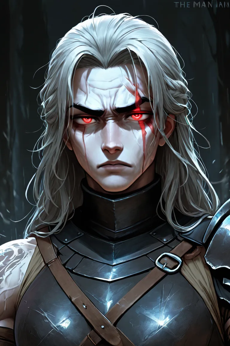 The man has anger and pain in the eyes of a tired dark warrior