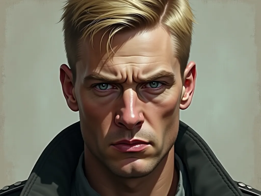 German Man, Blue-eyed blonde with serious expression and short hair
