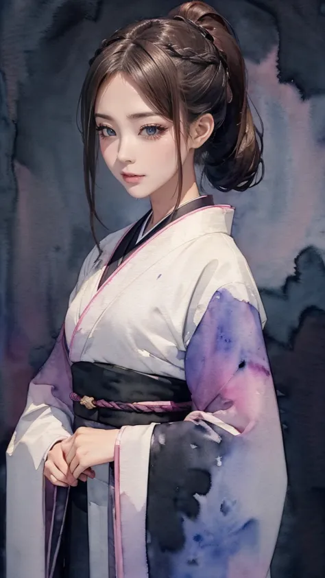 (((dark watercolor background:1.3)))、one girl、１６talent、anatomy、small face、small、small鼻、Pale pink eyes、Loosely braided low ponytail、brown hair、small breasts、Beautiful kimono、Yamato Nadeshiko、Shinsengumi&#39;s Happy、dharma quilt、random pose、(((Night Time 1:1...