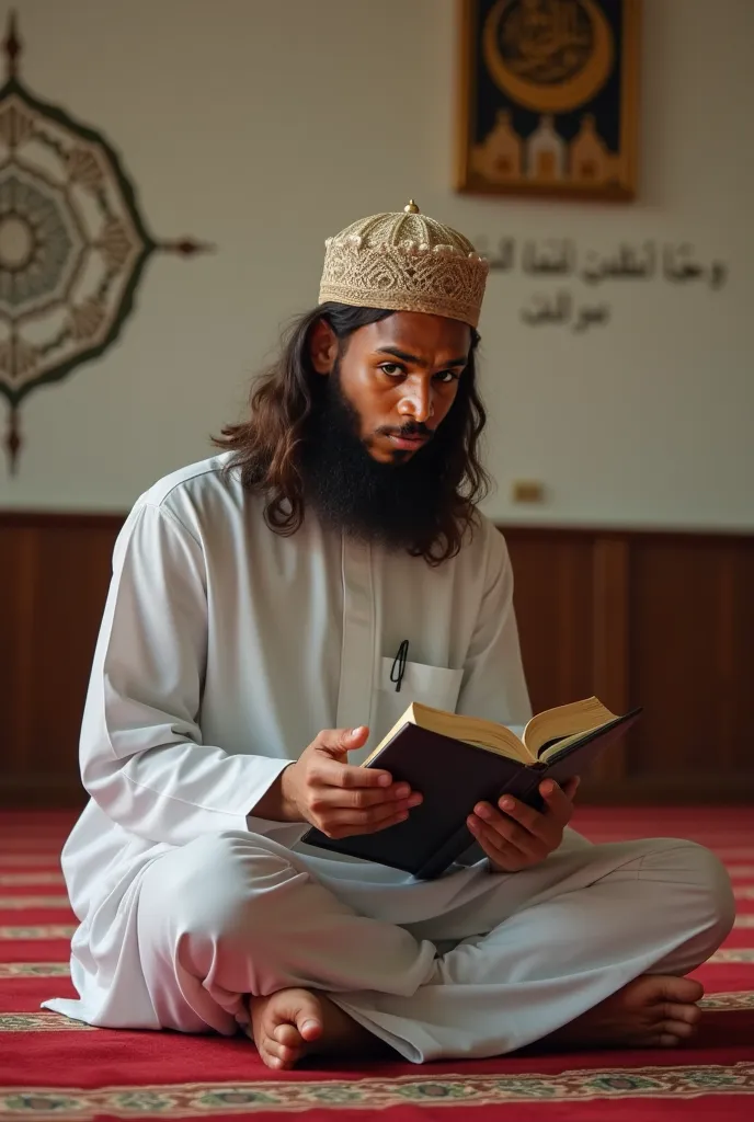 A 27-year-old young Muslim man with a light beard and long hair, wearing shalwar qameez and a cleric's hat,  sitting in mosq hall jay namaz, with Ramadan Kareem written on the wall of the room, reciting the Holy Quran.