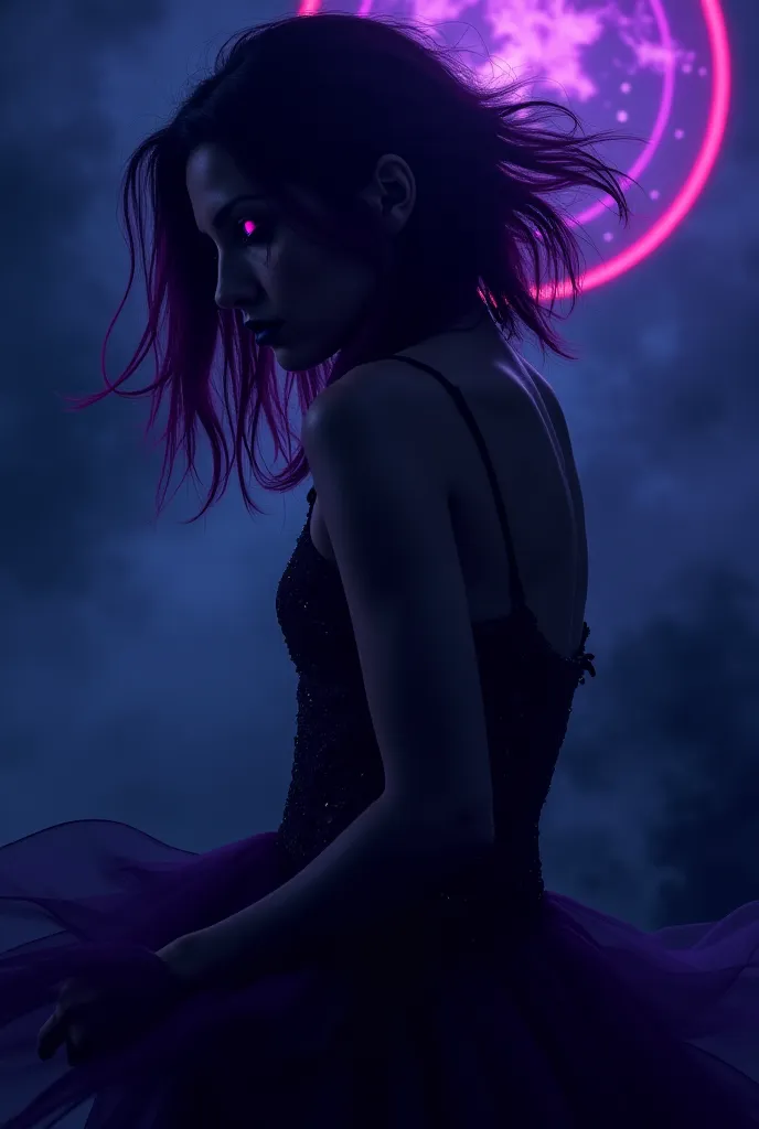 a picture of a book cover with a purple hair and a purple eye, dancing in the background, in the dark, lurking in the darkness, glowing in the dark, danger lurking in the night, cover art, kda, during the night, seductive cyberpunk dark fantasy, in the bac...