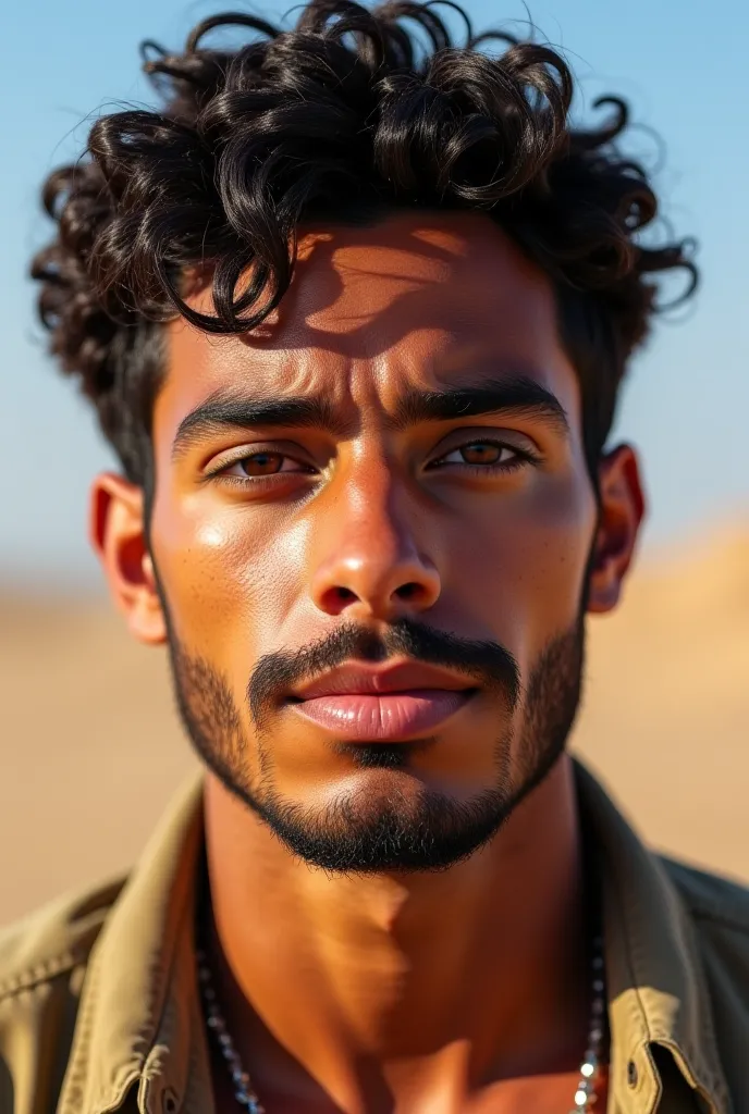 23-year-old light-colored man burned from the sun,curly curly hair with a gradient on the sides,medium beard and mustache,Nose with Arab features,A bit big head,brown and slightly droopy eyes