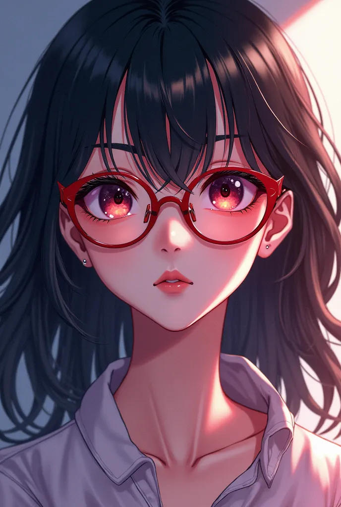 Pretty girl with black hair wearing red glasses.  style in anime style