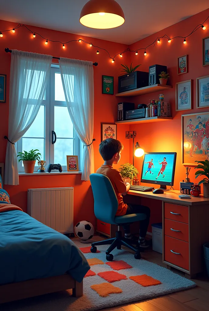 Interior of a room of a boy who plays soccer and video games 