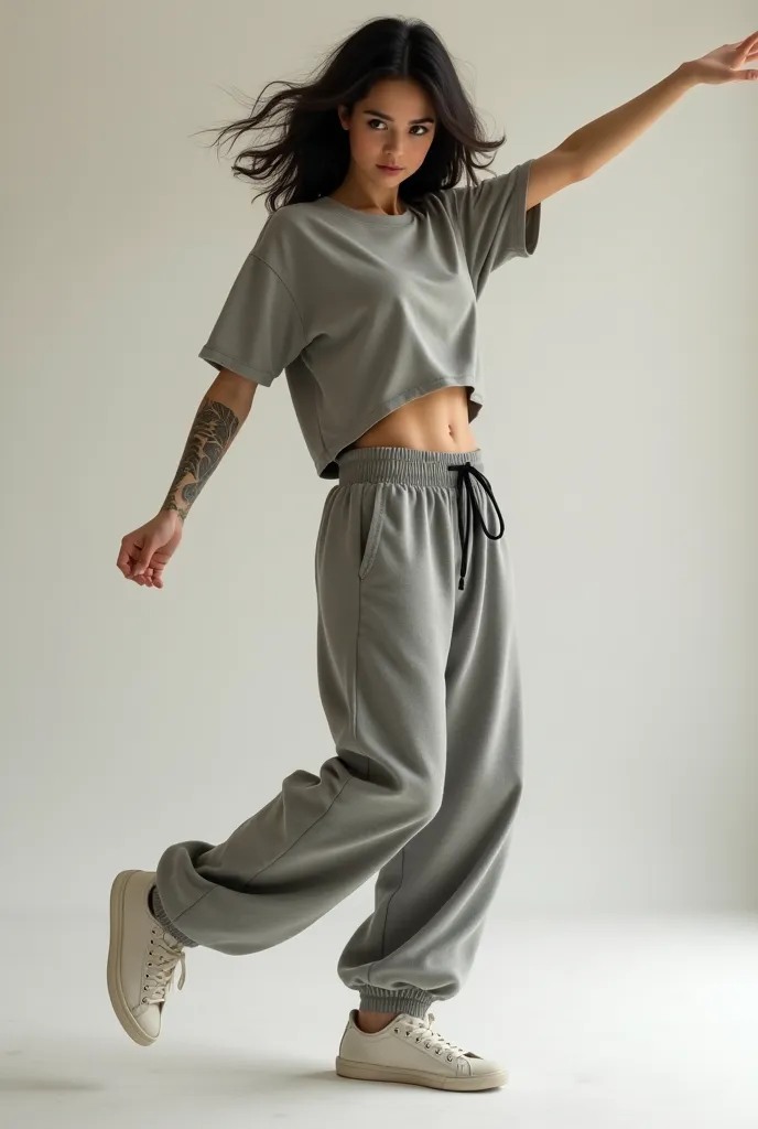 Realistic girl with dark European-looking hair in grey oversized sweatpants, top , and sneakers with a tattoo on the arm are dancing 