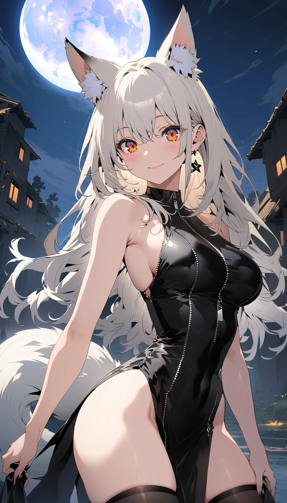 1girl, solo, long hair, looking at viewer, smile, large s, animal ears, closed mouth, bare shoulders, standing, yellow eyes, white hair, thighs, cowboy shot, black thighhighs, black dress, animal ear fluff, orange eyes, fox ears, bare arms, sleeveless dres...