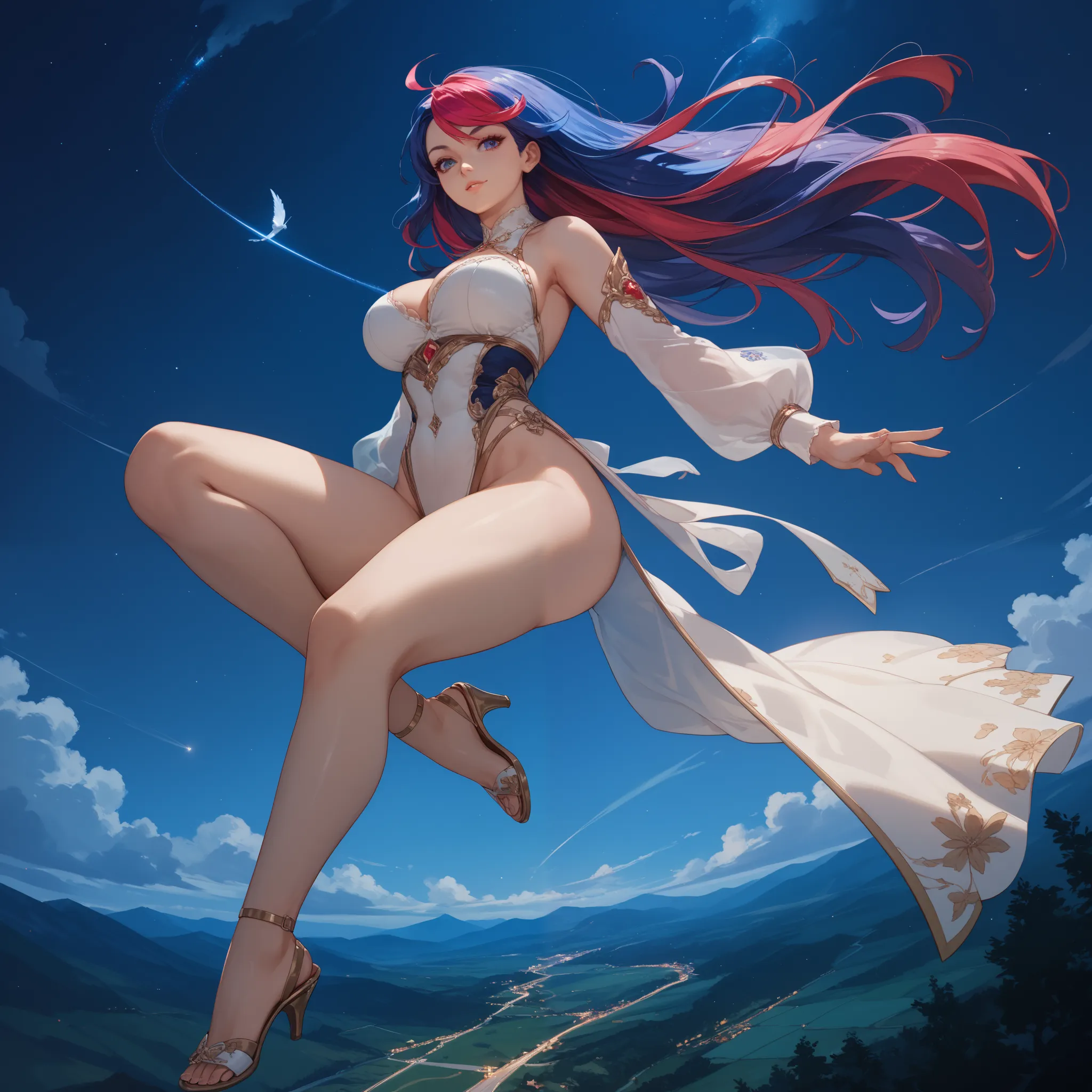  anime woman night,(((random color hair))), long hair, full body, in perspective(((body with beautiful curves, in the air))) 