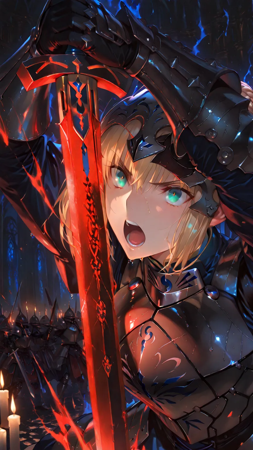 (solo, saber, fate:  blonde hair, green eyes), (low bun hair, armor plate, iron shoulders, iron boots),(excalibur sword), deep eyes, break: (dark dungeon), candles lights, (dark art, army dark swordmans),Masterpiece, Absurdres, Anatomically correct, lms, d...