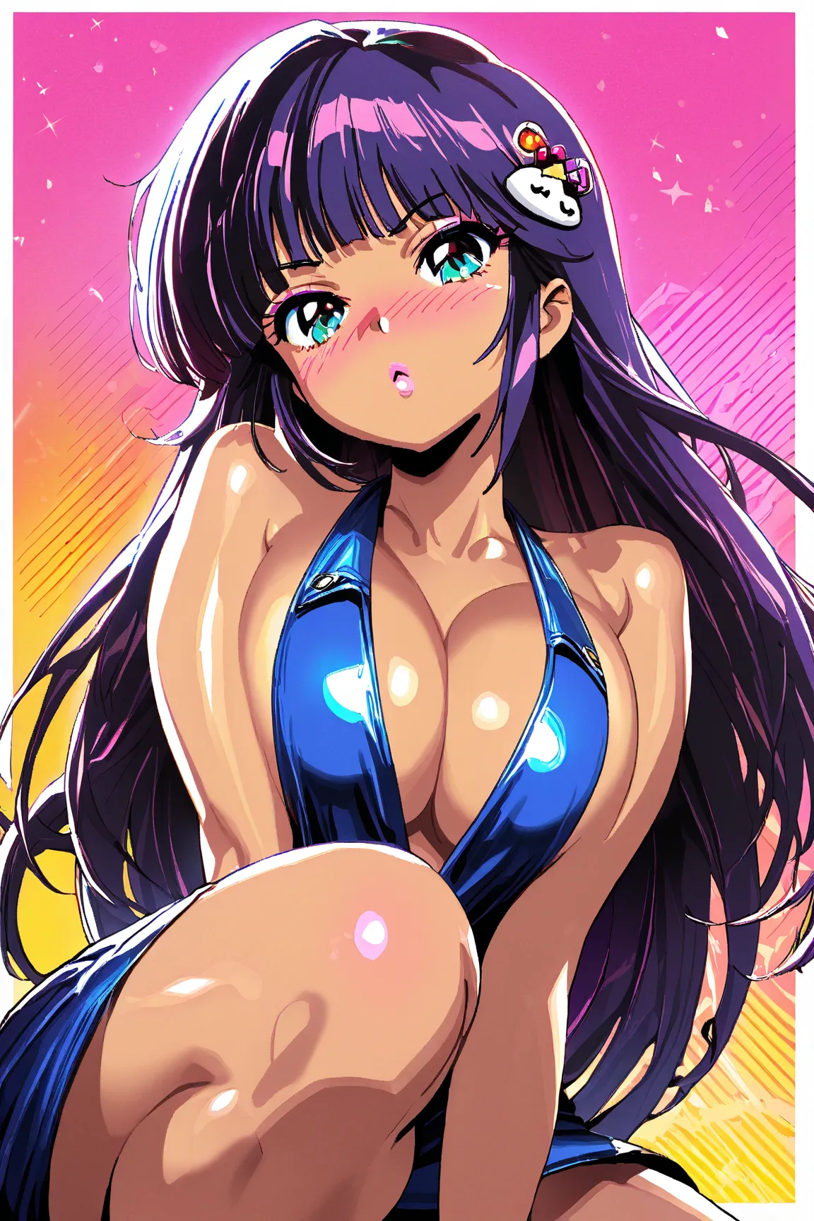 80s glam rock style, korean girl, huge breasts, pronounced cleavage, 16K, ultra-detailed, manga, anime, Kizi，(eyes looking off to side), Highly detailed, Amazing work，Vitreous luster, blues, purples, reds, Best quality at best，shiny skin, colorful backgrou...