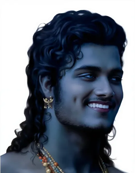 A breathtaking classical oil painting of the most handsome age boy in the world, depicted as a celestial Indian prince with ethereal beauty. His flawless, deep blue skin glows with a divine radiance, reminiscent of moonlight reflecting off sacred waters. H...