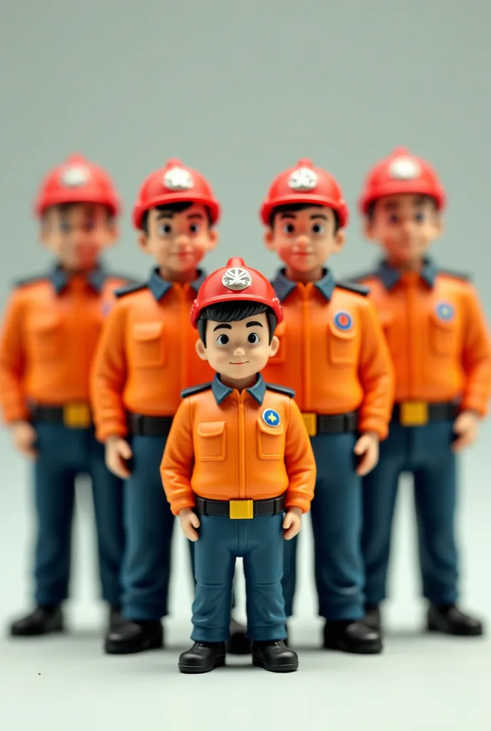 Five miniature paramedics standing with some distance between them.