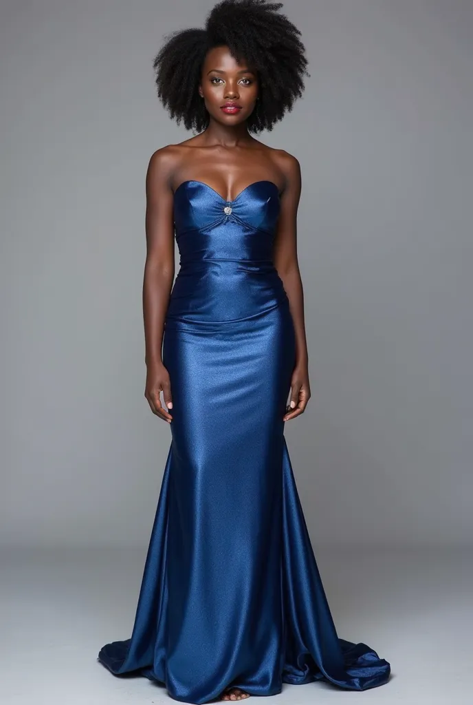 Beautiful 19 year old woman 
Very black and dark skin, Red lipstick
Very bright blue eyes, blue eyes, eyes too blue 
Very Big breasts, Big breasts , Big tits 
Afro hair  
 Wearing a very elegant, strapless, Victorino style long metallic blue dress ,Standin...