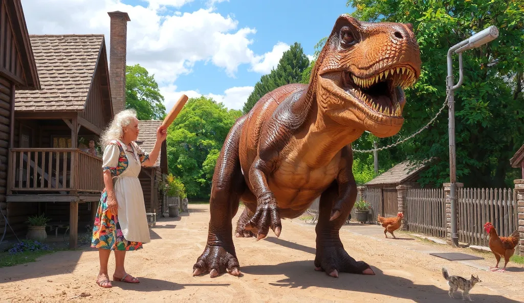 [ The main object ]: A huge Tyrannosaurus Rex with detailed skin and sharp teeth, huddled to the ground with an expression of fear in her eyes. [Secondary object]: Short old woman (grandmother) in a colorful dress and a white apron, holding a wooden rollin...