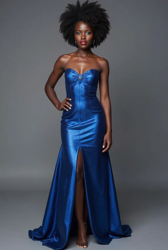 Beautiful 19 year old woman 
Very black and dark skin, Red lipstick
Very bright blue eyes, blue eyes, eyes too blue 
Very big big tits 
Afro hair  
 Wearing a very elegant, strapless, Victorino style long metallic blue dress ,Standing barefoot 